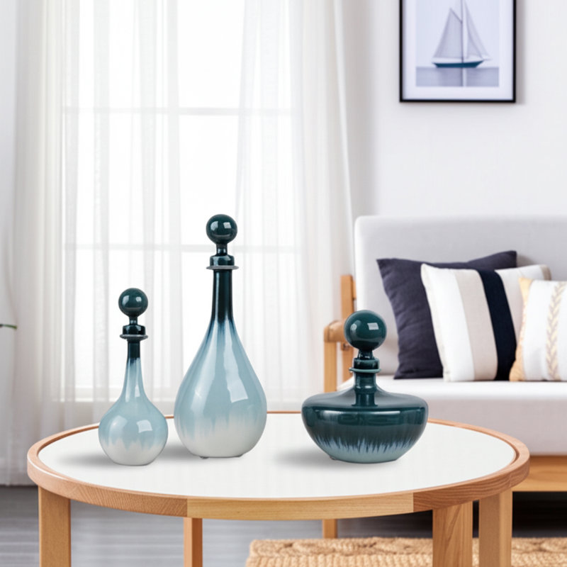 Vases Stoneware and Ceramic Coastal Decorative for Home Office Bedroom Living Room Set of 3 - 14", 12", 10" Blue