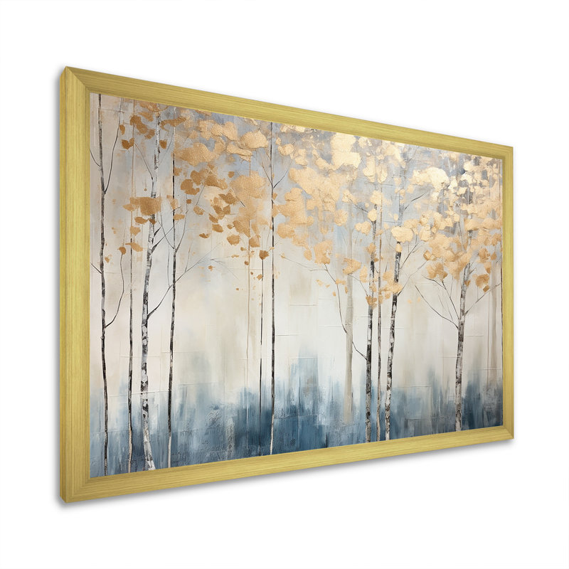 Minimalisme bleu et forêt dorée II - forêt, art mural, H 34 po x l 44 po x P 1,5 po, Cadre doré simple
