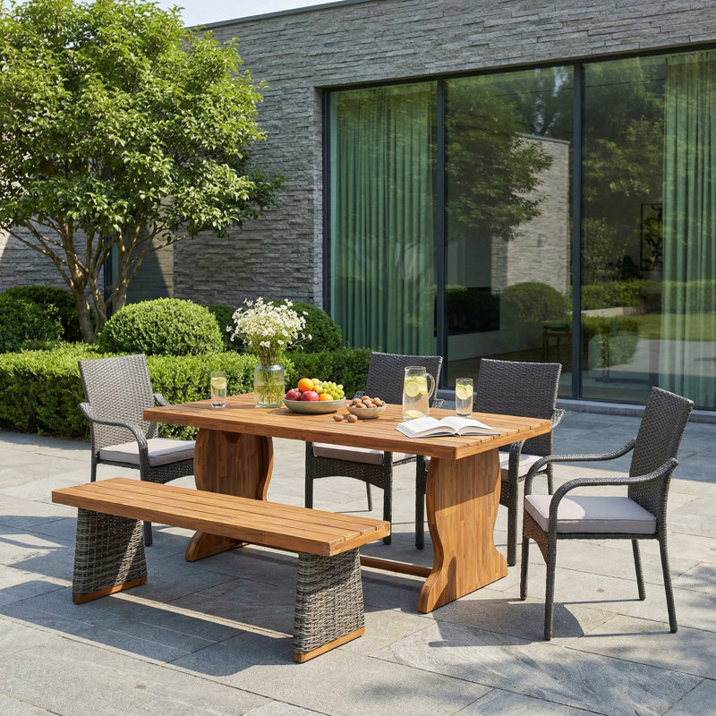 Ensemble repas 6 pièces en bois d'acacia avec chaises et coussins empilables en osier Hapeville