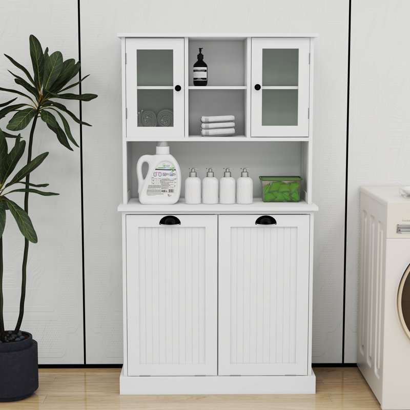 Armoire de salle de bain haute avec armoire à linge inclinable à deux compartiments, panier à linge sale