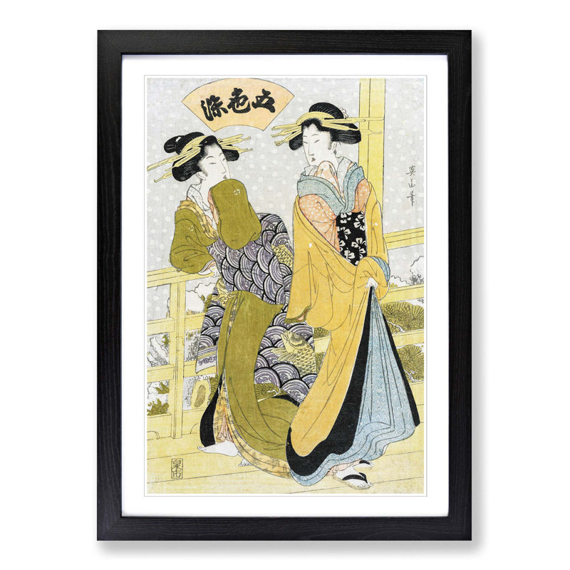 Two Courtesans on a Balcony by Kikukawa Eizan - Picture Frame Painting Print, 65cm H x 48cm W x 2cm D, Black Framed