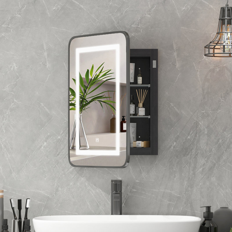 Black Bathroom Mirror Medicine Cabinet with Round Corner Framed Door, Recessed or Surface Mount, with Adjustable Glass Shelves