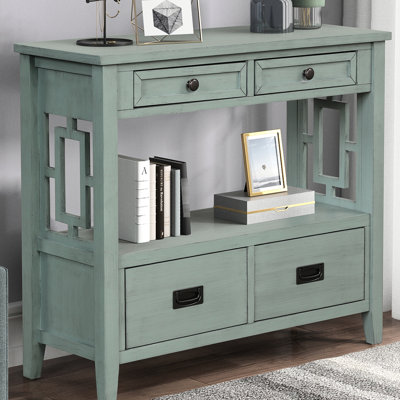 Console 36 po en bois de pin avec 4 tiroirs et tablette de rangement, bleu pour chambre à coucher, couloir, cuisine