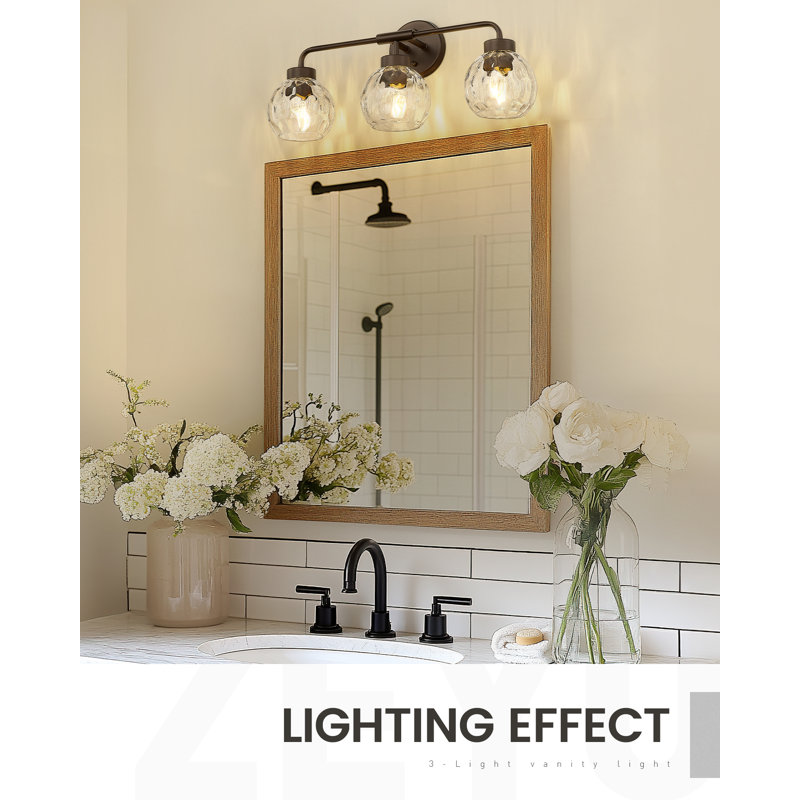 Éclairage pour salle de bain 3 lumières avec globe en verre ondulé, bronze huilé, H 9,5 po x l 23,1 po x P 6,9 po