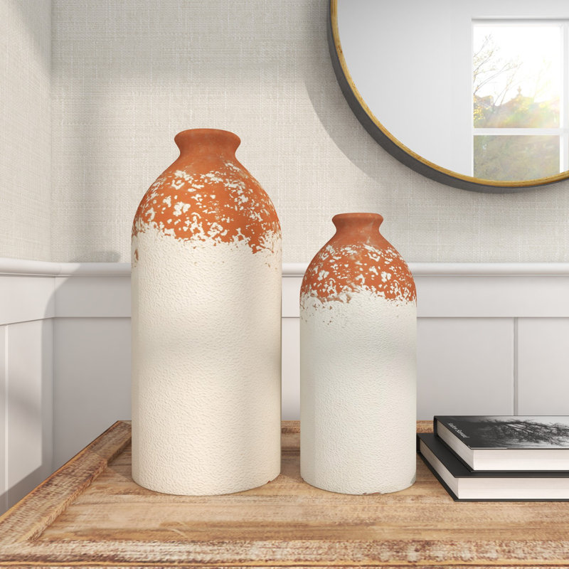 Set of 2 White and Terracotta Ceramic Bottle-Shaped Vases