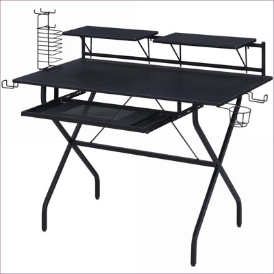 Bureaux, bureau d'ordinateur industriel avec plateau à clavier, crochets pour casque d'écoute et amp; Support de jeu | Noir | Bois et métal