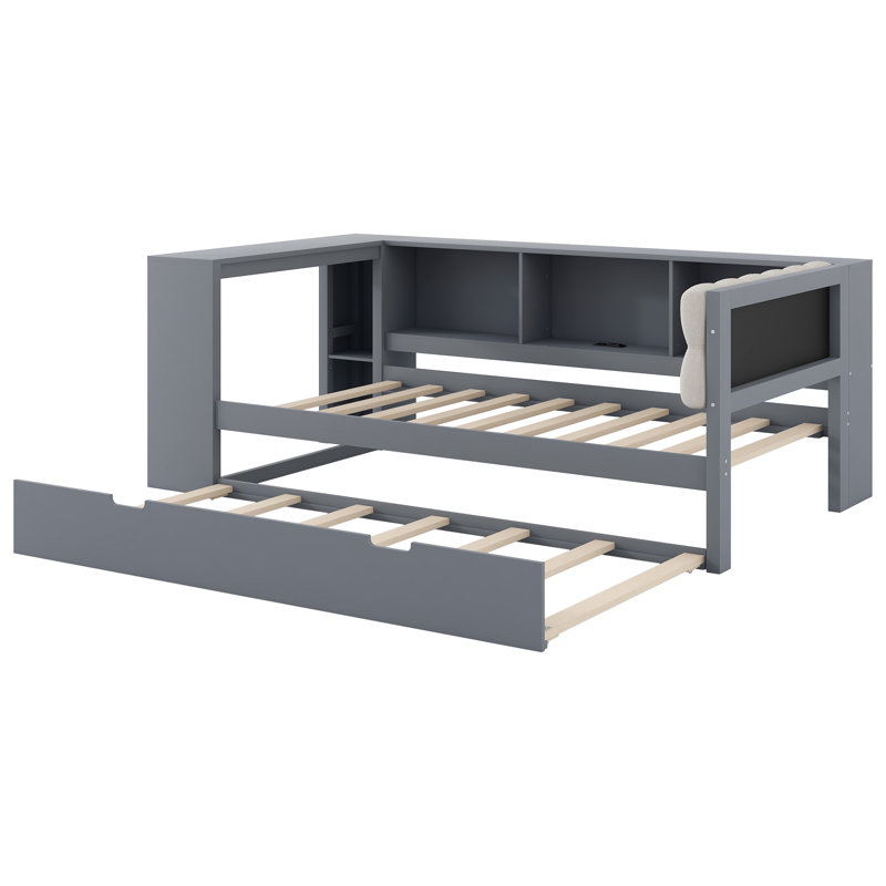 Lit plateforme simple avec rangement en bois et lit gigogne, station de charge et tête de lit tapissier, Lit simple, Gris