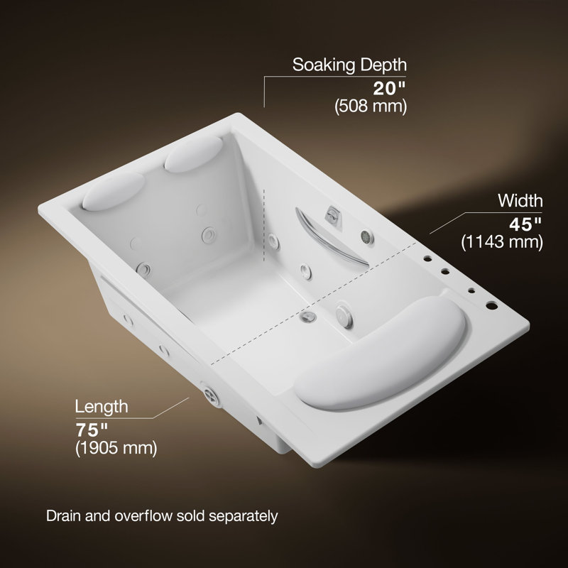 RiverBath 75" x 45" Drop In Whirlpool Acrylic Bathtub with Light and Heater, Blanc