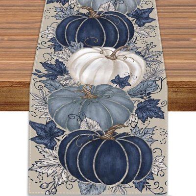 Blue Vintage Pumpkin Maple Leaf Fall Table Runner – Autumn Thanksgiving Harvest Decor for Farmhouse Kitchen, Dining Table & Home Party Decorations