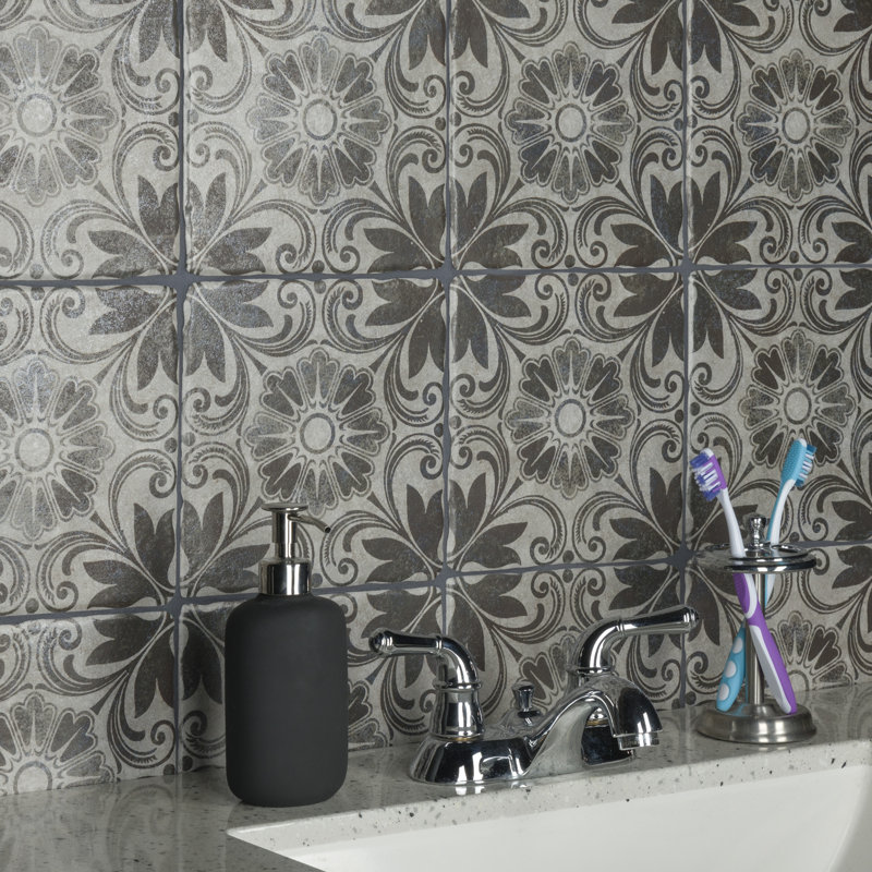 Costa 8" x 8" Ceramic Patterned Wall & Floor Tile, Matte Gray/Brown