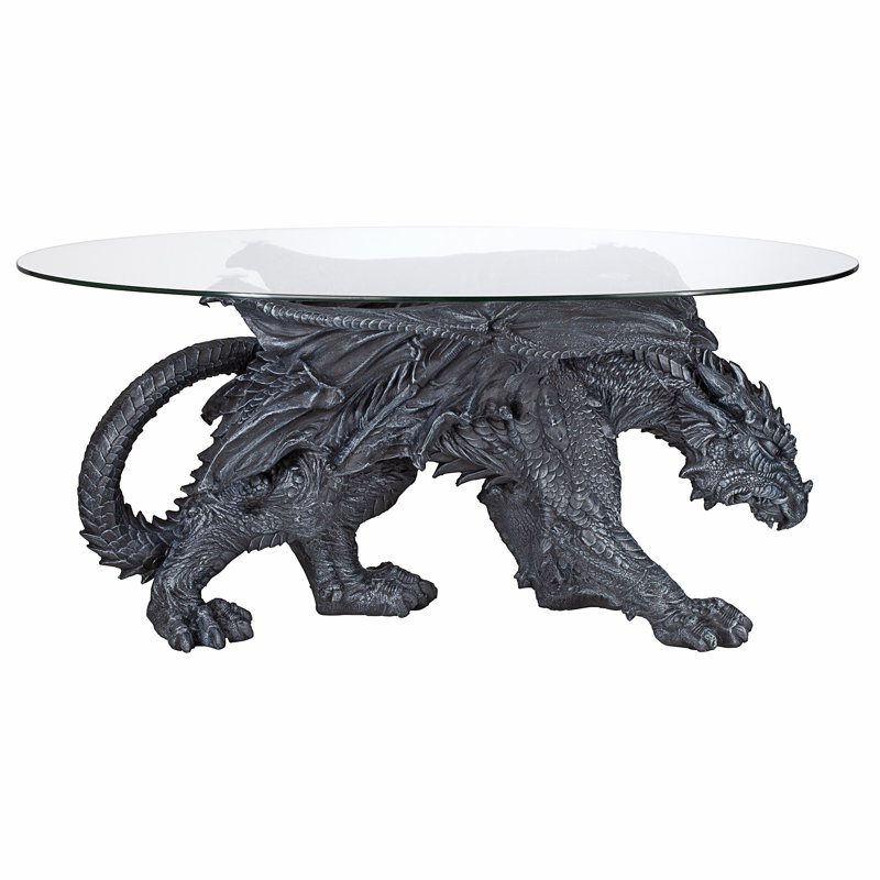 Oval Glass Outdoor Coffee Table with Dragon Design