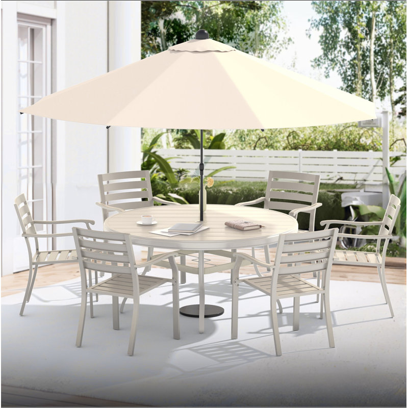 Outdoor Round Patio Dining Table For 6-7, All Weather Metal Dining Table With Umbrella Hole For Deck Lawn Garden Backyard