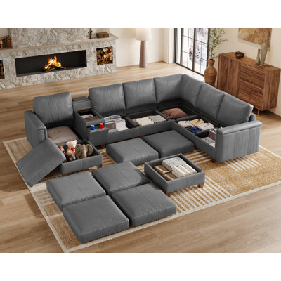 Canapé modulaire en forme de V à 132 places de 132 po de large avec console et rangement, gris