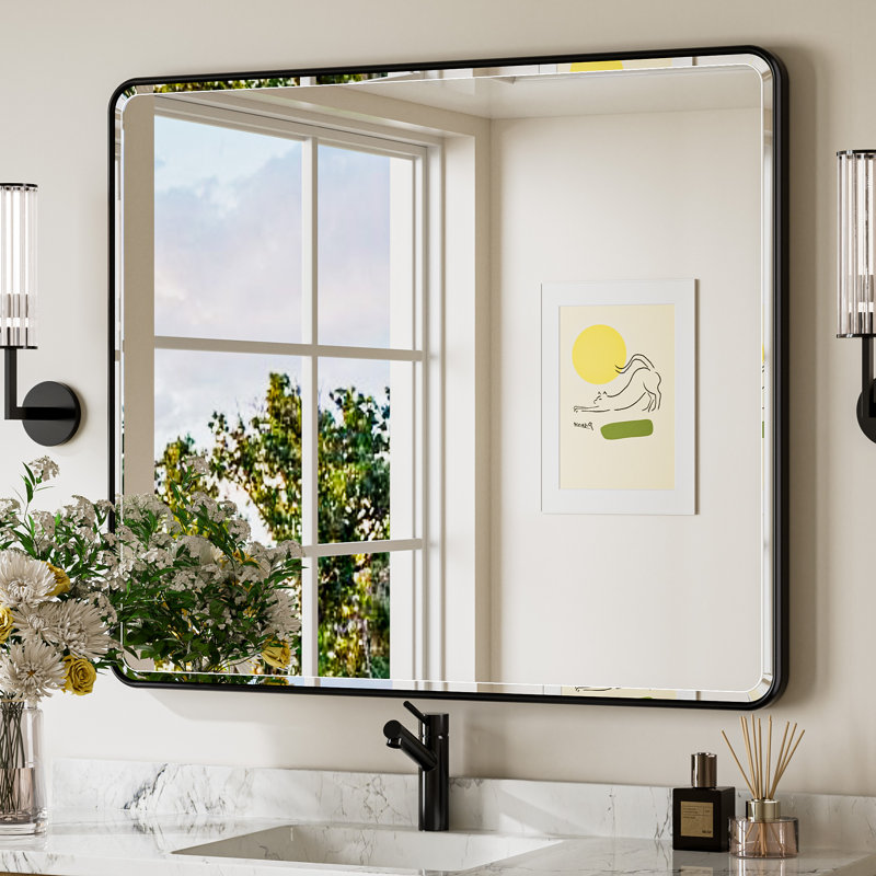 Miroir de salle de bain biseauté avec cadre en aluminium, miroir décoratif mural, verre trempé, 42 po x 36 po, Noir mat