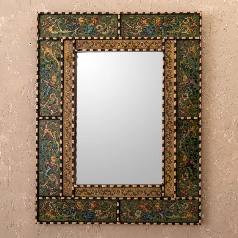 Erzsi Solid Wood Rectangle Mirror, Green/Gold