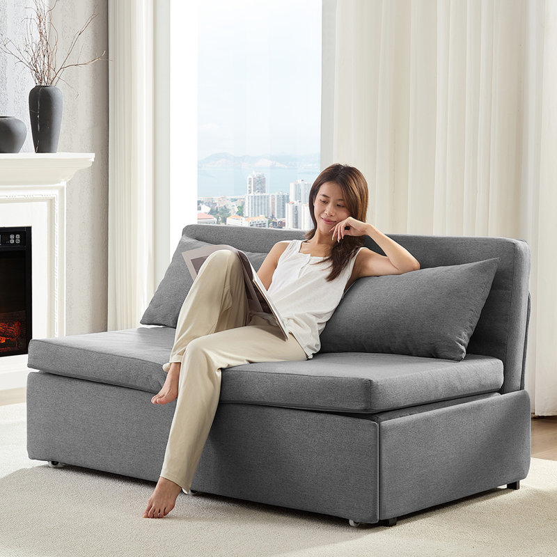 Armless Convertible Sofa Bed with Reversible Chaise & Linen Fabric, Gray