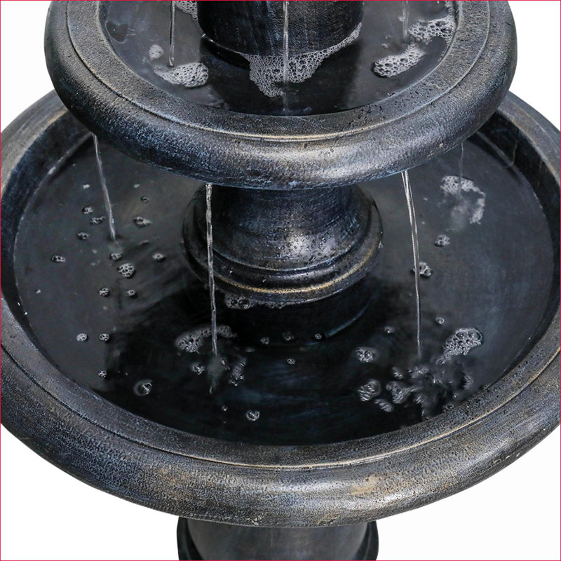 Fountains 3-Tiered Modern Outdoor Fountain for Garden &amp; Patio, Durable Black Stone Concrete | Black | Concrete / Cement