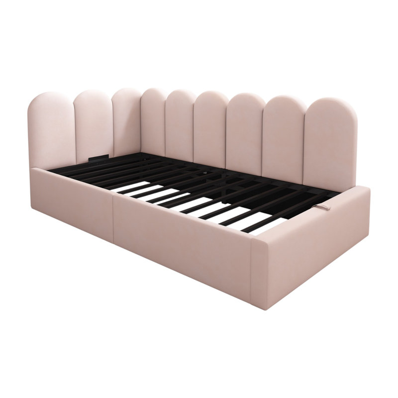 Velvet Upholstered Ottoman 3FT Single Sofa Bed 90X190cm With Hydraulic Storage Bed Frame With Metal Slatted Frame, Pink