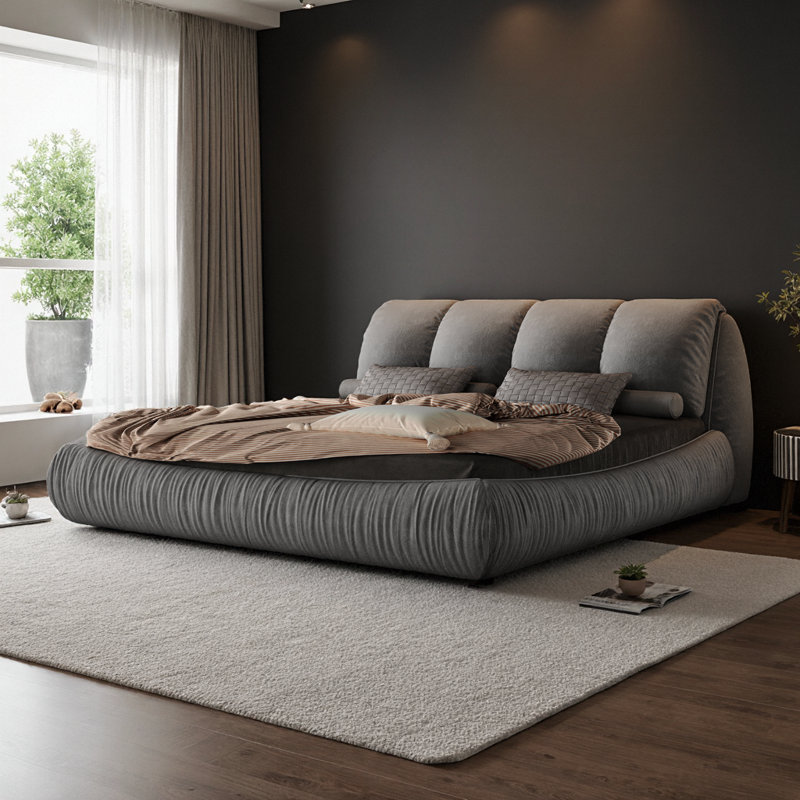 Grand lit plateforme tapissier avec tête de lit surdimensionnée et structure en bois de pin massif - gris, Gris