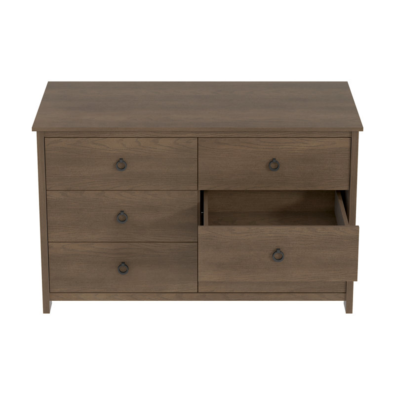 Commode 6 tiroirs brune moderne transitionnelle de 47 po Mucci, Chêne brun foncé