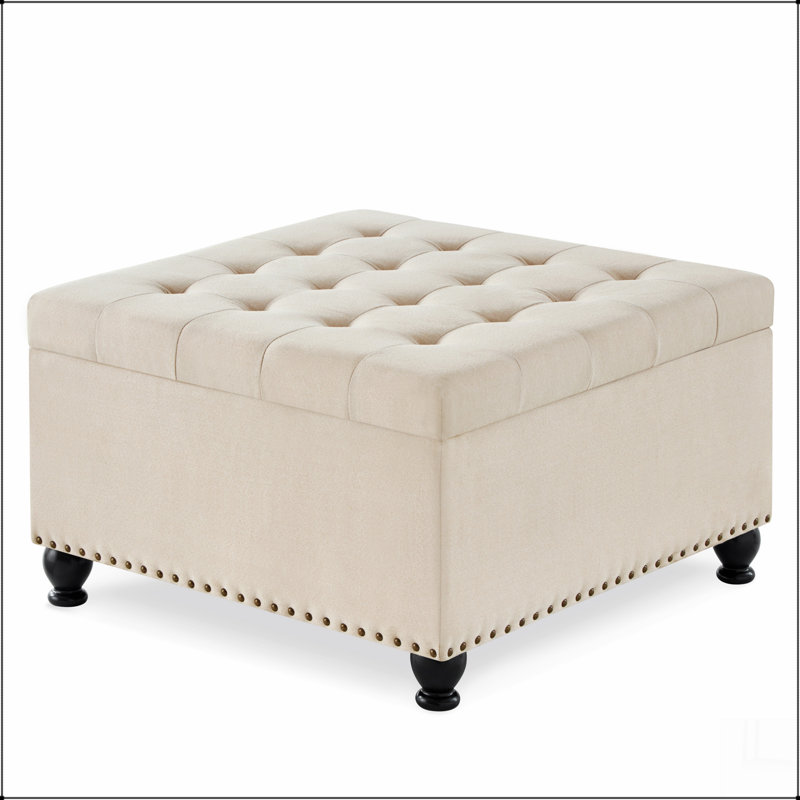 Large square storage ottoman with wooden legs, Upholstered button tufted coffee table, Beige