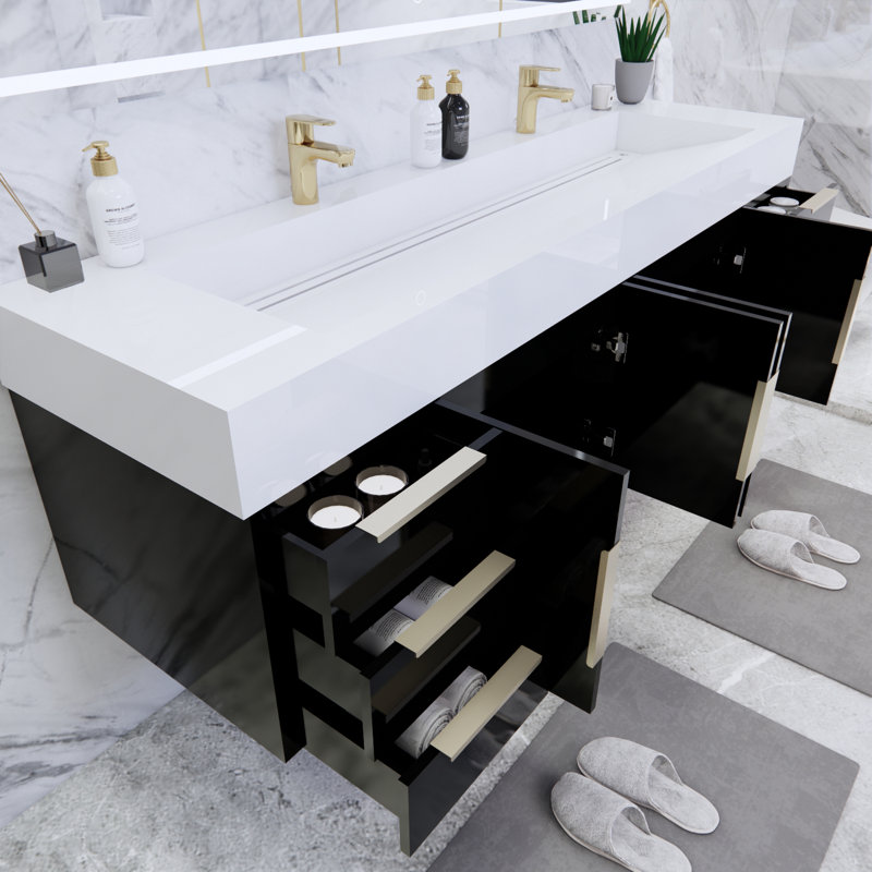 Thomason 71'' Double Bathroom Vanity with Acrylic Top, High Gloss Black, Glossy White