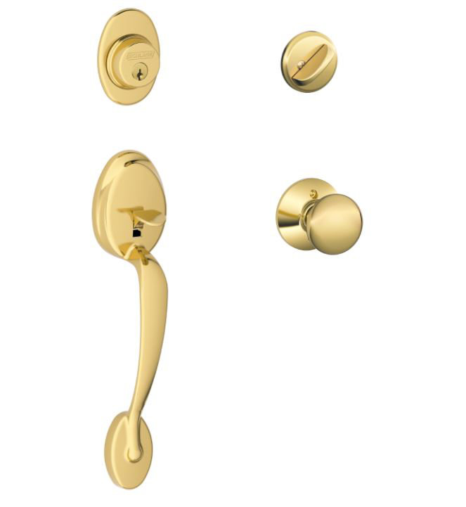 Ensemble de poignées avec pêne dormant cylindrique simple, bouton de porte et rosette, Laiton brillant, Oui