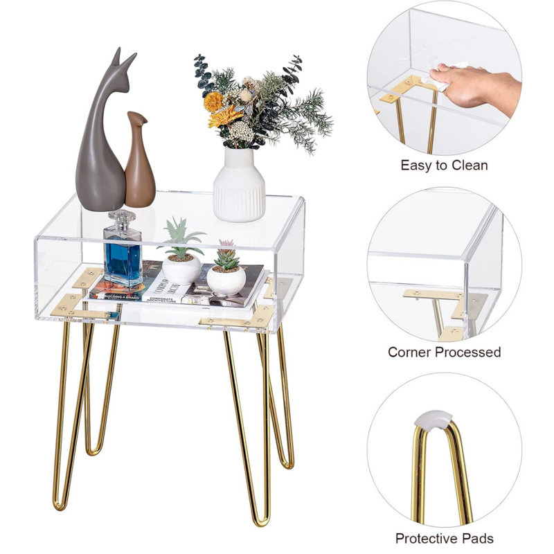 Acrylic Side Table with Storage Shelf, Modern Clear Nightstand Bedside Table for Living Room Bedroom