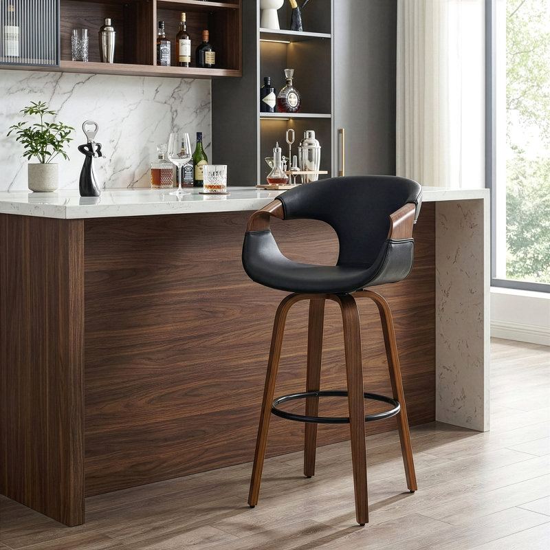 Tabouret de bar pivotant Pompano, Tabouret de comptoir (siège d'une hauteur de 25,, Noir / bois brun