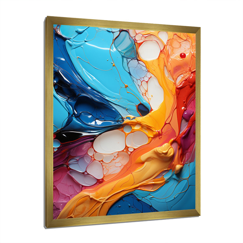 Collage symphonique abstrait sarcelle orange fractal, Encadrement doré, H 32 po x l 24 po x P 1 po