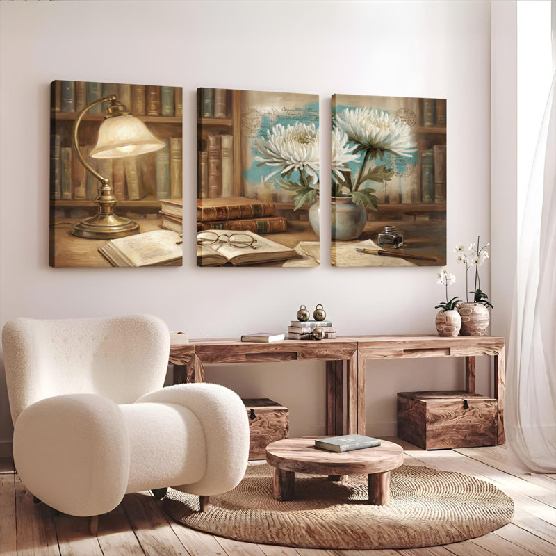 Ensemble de 3 tableaux sur toile représentant une scène de bibliothèque vintage avec livres, lampe et fleurs, 2436