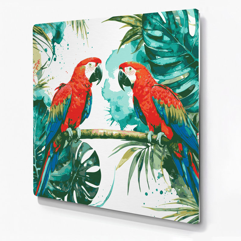 Art mural en métal hawaïen, vert perroquets, H 16 po x l 16 po