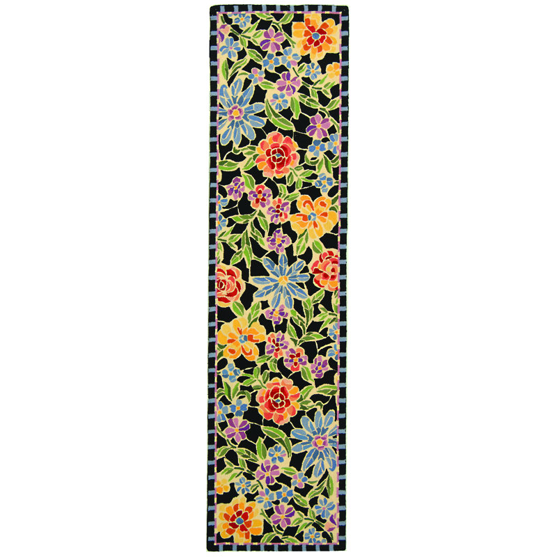 Hollander Floral Hand Hooked Wool Black Area Rug, Runner 2'6" x 10'