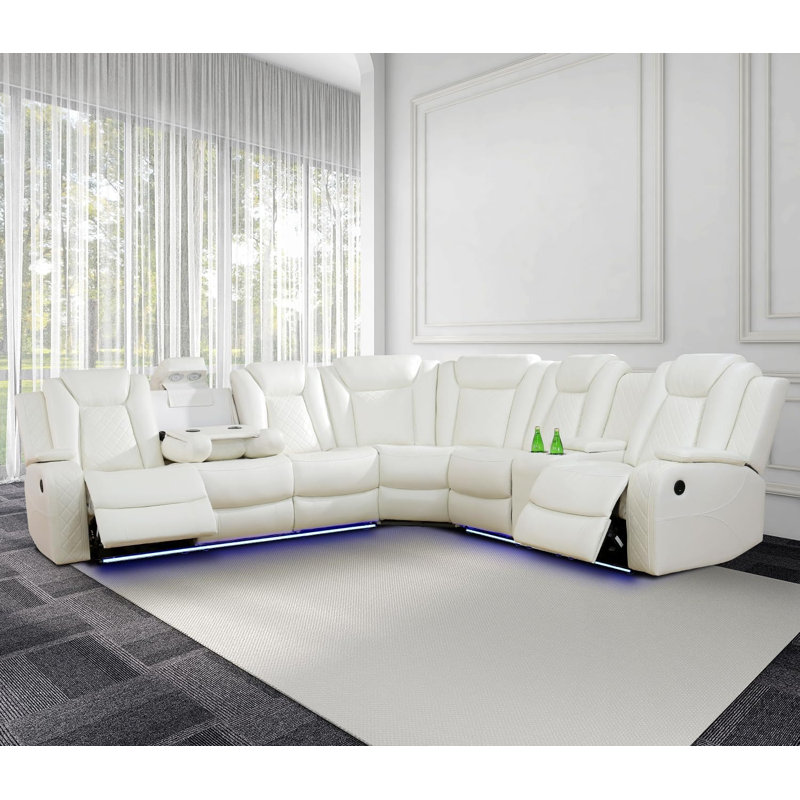 Canapé modulaire inclinable électrique en cuir Shamla, Blanc cassé / blanc