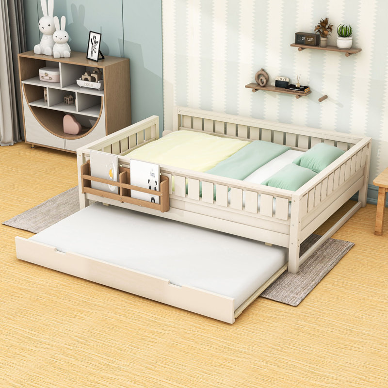 Lit plateforme en bois avec lit gigogne, bibliothèque et escalier, Queen, Beige