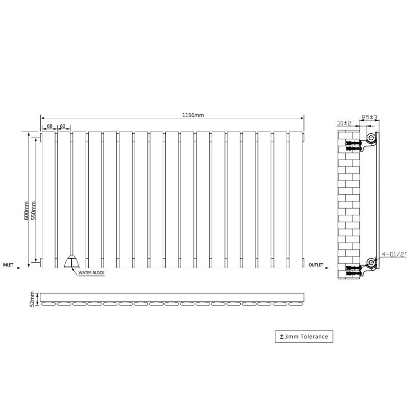 Shonta Horizontal Single Flat Panel Radiator, Chrome, 60cm H x 115.6cm W