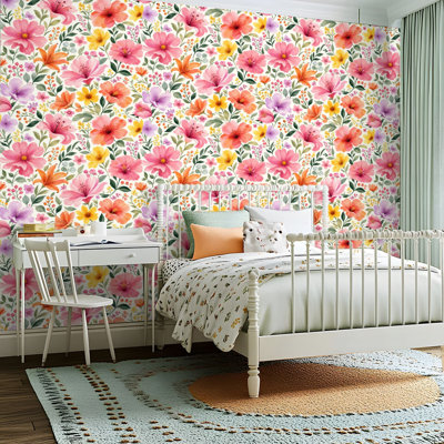 Peel and Stick PVC Wallpaper, Removable Self-Adhesive Wall Covering With Hand Drawn Floral Colorful Wildflowers Leaves White Print, Waterproof for Home Decor - Roll