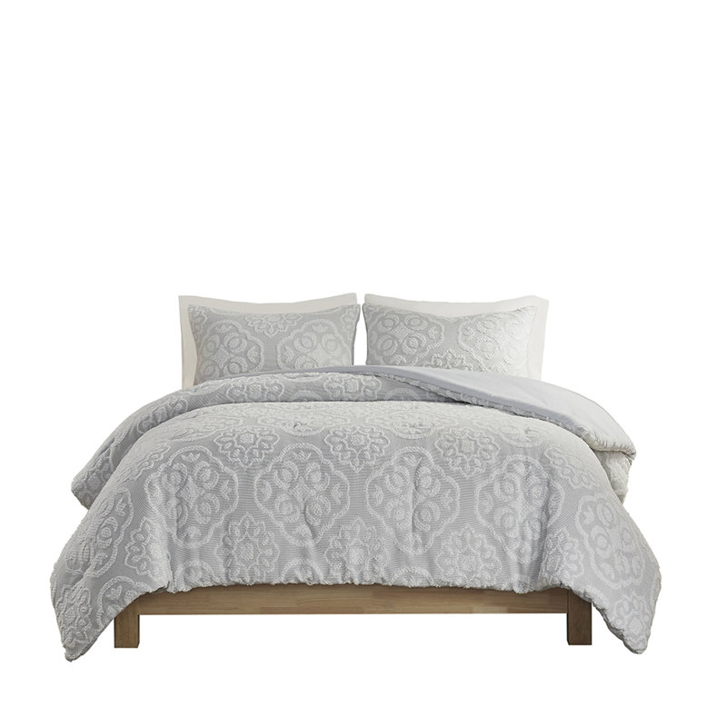 King/ King Comforter With Medallion - 100% , , Grey White Woven Style