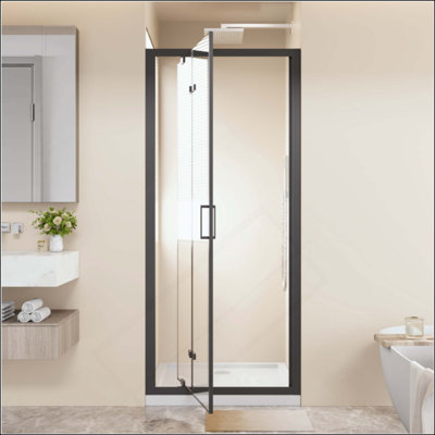 Framed Bi-Fold Pivot Shower Door Space-Saving Folding Shower Enclosure, Clear Tempered Glass With Stainless Steel Handle, Reverible Installation