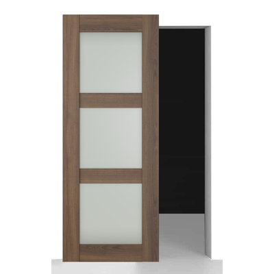 Avon 3 Lite Paneled Manufactured Wood And Frosted Glass Solid Core Interior Sliding Hidden Barn Door Without Base Board With Installation Hardware Kit