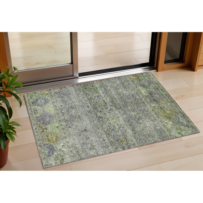 3' X 5' Sage And Gray Floral Washable Indoor Outdoor Area Rug