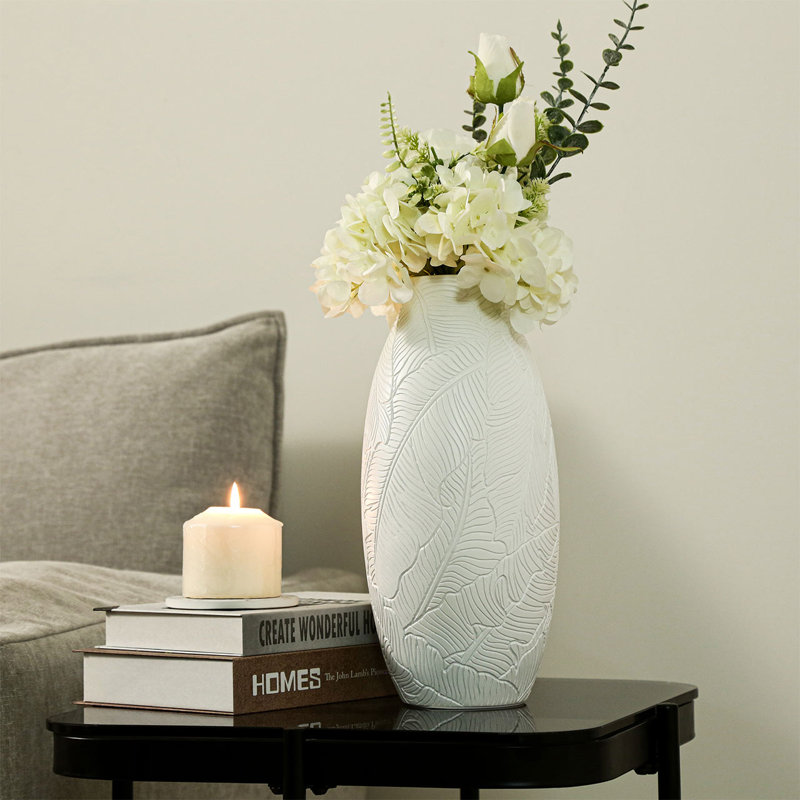 Dasmon Handmade Polyresin Floor Vase for Living Room Decor, Black Leaf Pattern for Modern Home Decoration, Black