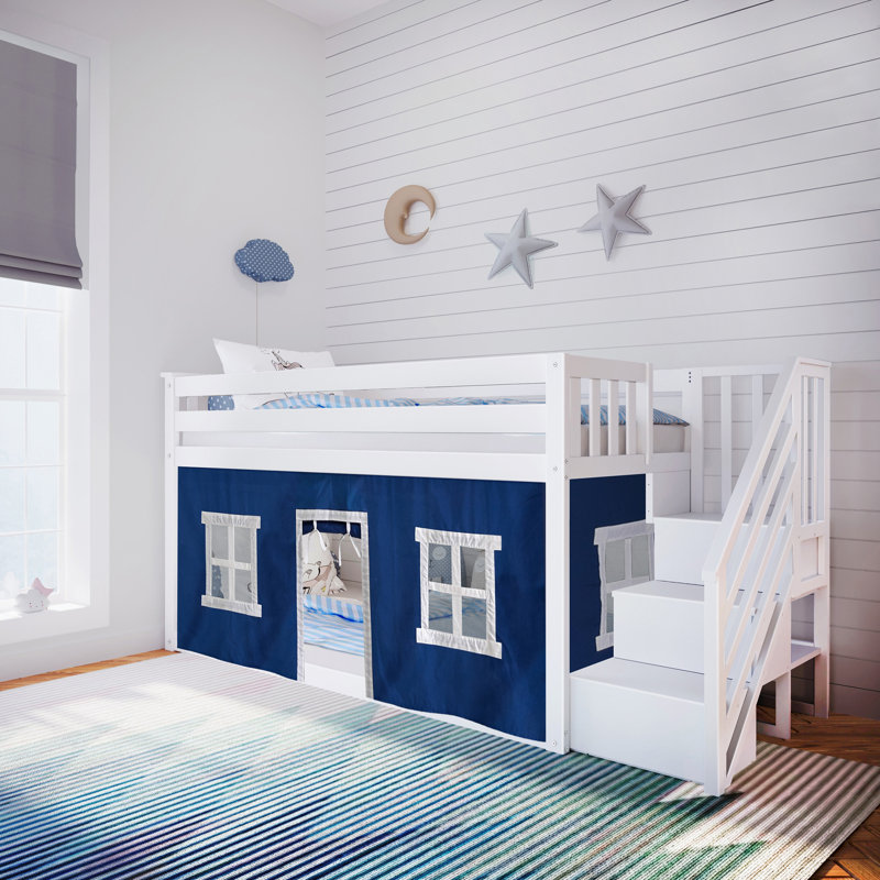  Harjeet Kids Twin Over Twin Low Bunk Bed with Stairs and Play Curtain, White, Blue