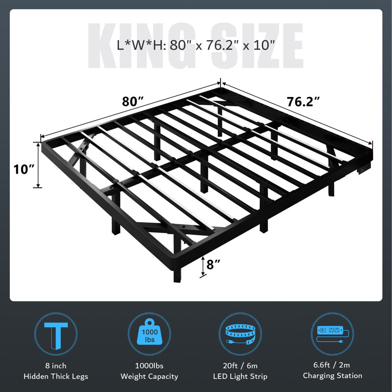  King Size Floating Bed Frame With Rgb Led Lights And Charging Station,heavy Duty Metal Platform Beds,no Box Spring Needed,black