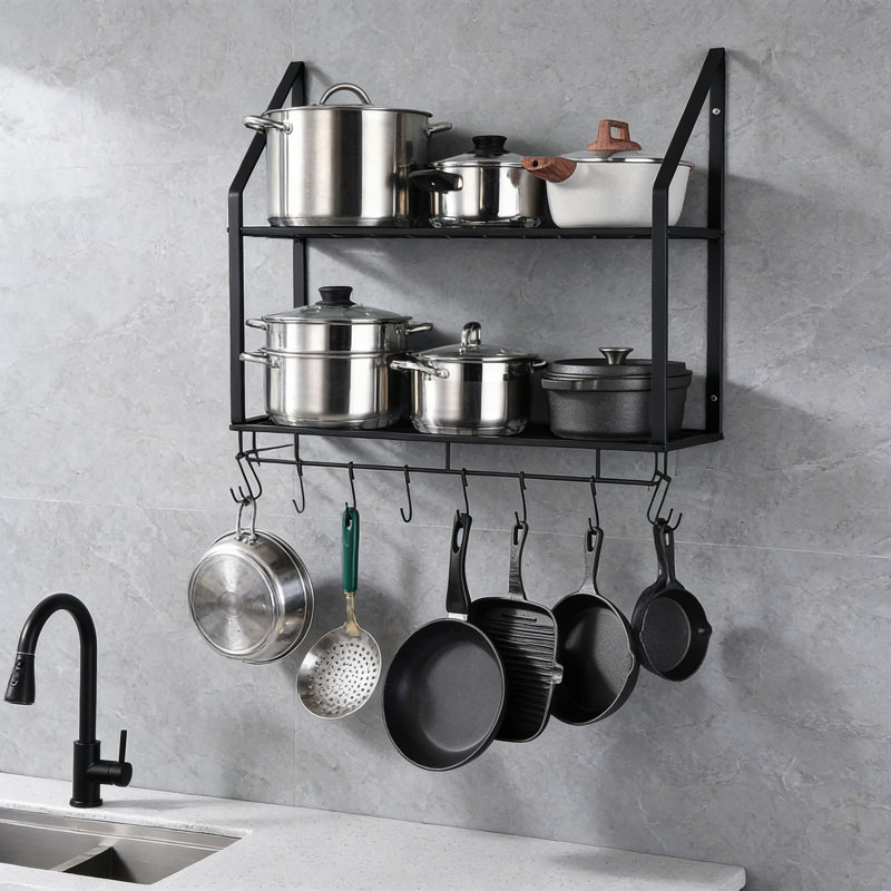 Support à casseroles mural à 2 niveaux avec 10 crochets - Organisateur de rangement de cuisine robuste de 30 pouces pour casseroles, poêles et batterie de cuisine - Tablette suspendue peu encombrante