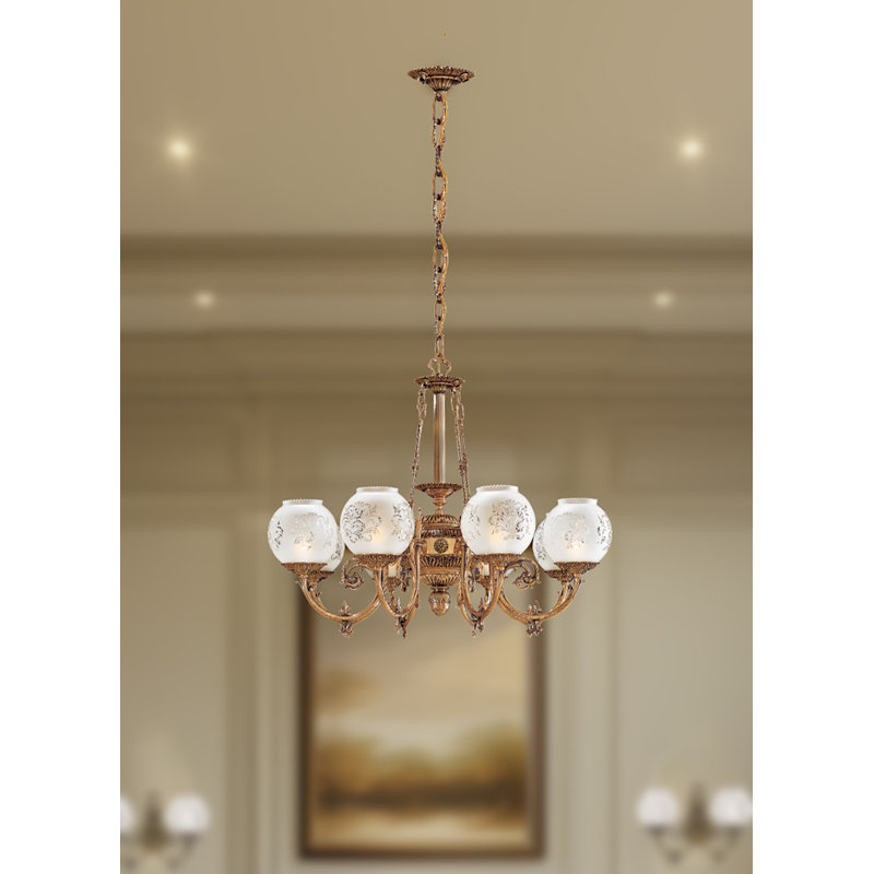 Antique Brass 8-Light Chandelier with Frosted Etched Glass Shades