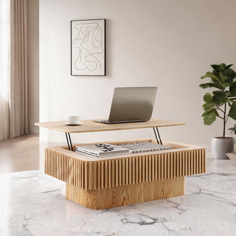 Table à plateau relevable contemporaine en grain de bois avec rangement intégré, mécanisme de fermeture en douceur et assemblage facile