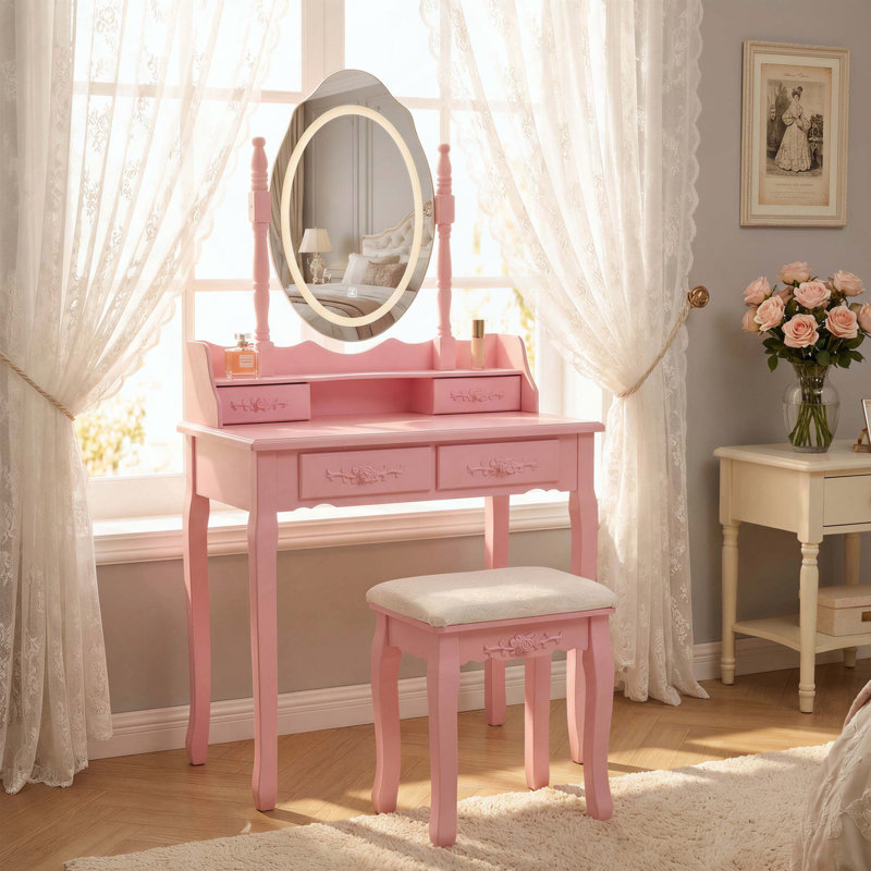 Ensemble de coiffeuse avec miroir à lumière rose, 4 tiroirs et tabouret Pink Princess, Pink