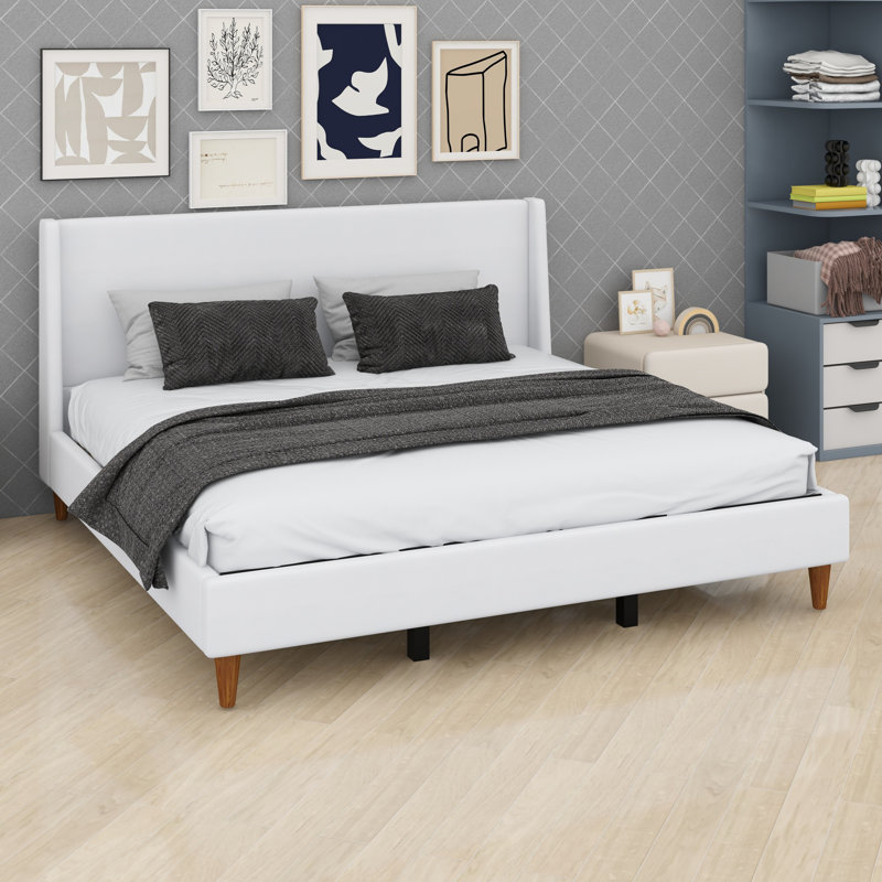 Lit plateforme moderne avec revêtement, conception à oreilles et pieds en bois, White