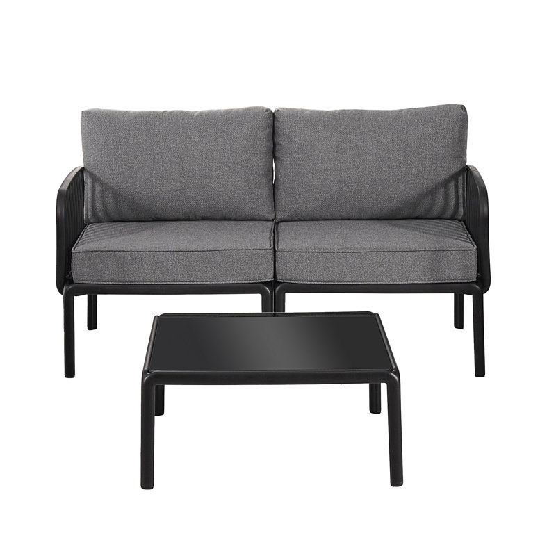 Ensemble de conversation pour patio 3 pièces, Gris foncé, Noir, 2 pièces: table, causeuse